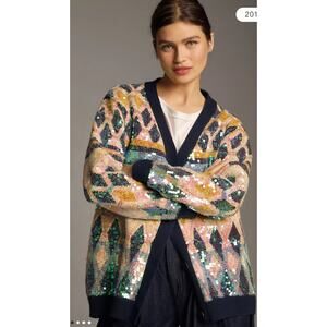 Anthropologie Maeve Patterned Sequin Oversized Cardigan Sweater‎ Size XS